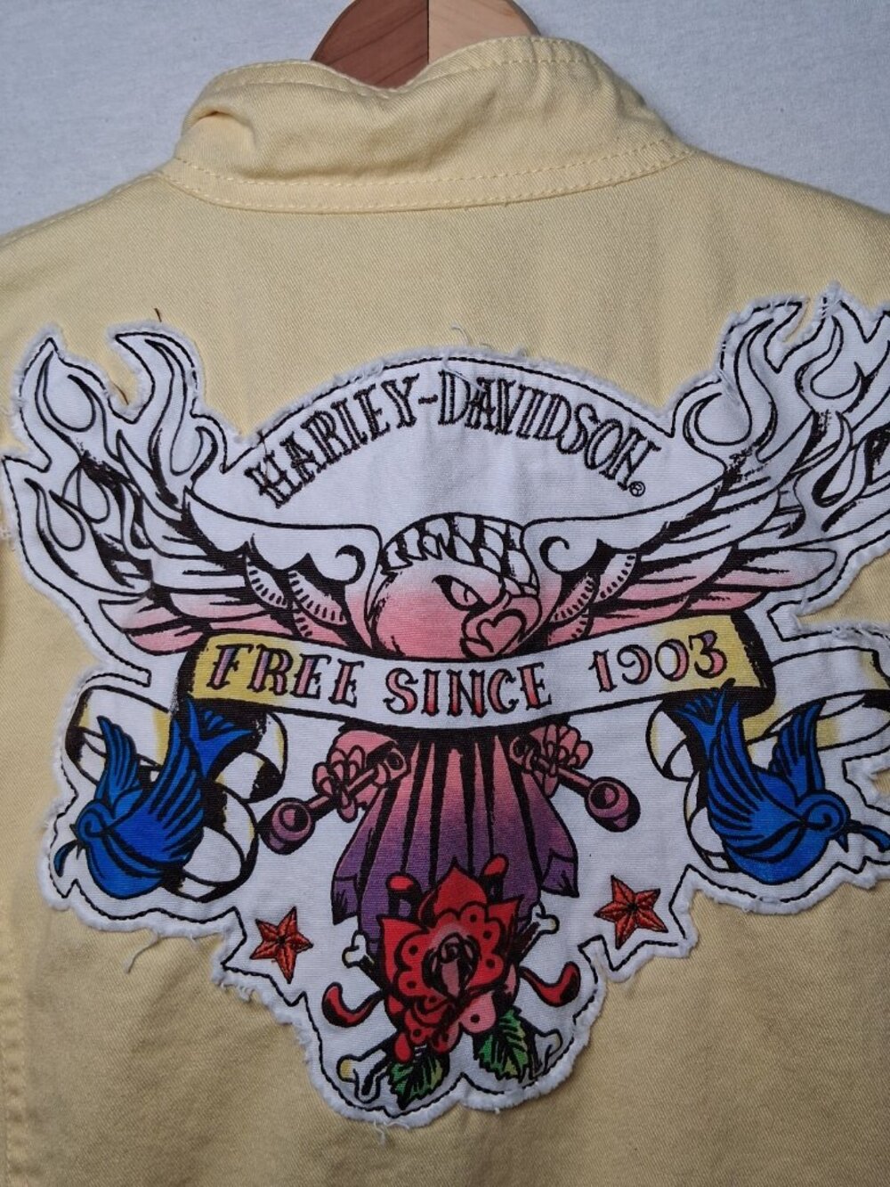 Harley Davidson Motorcycles Jacket Girls 5 Yellow Twill Tattoo Eagle Bird Rose - Picture 8 of 16